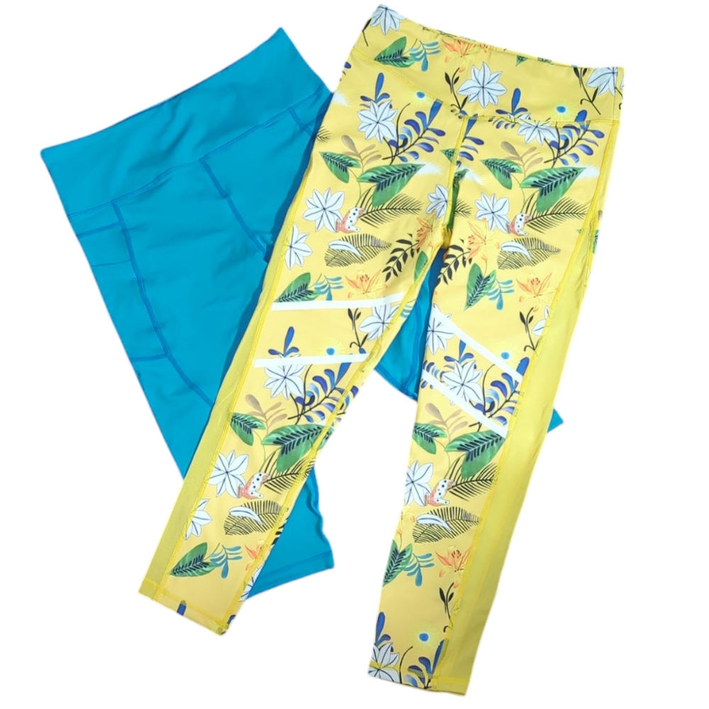 Zyia Women's Leggings Lot of 2 Cropped Turquoise‎ Blue Yellow Floral Pockets 12